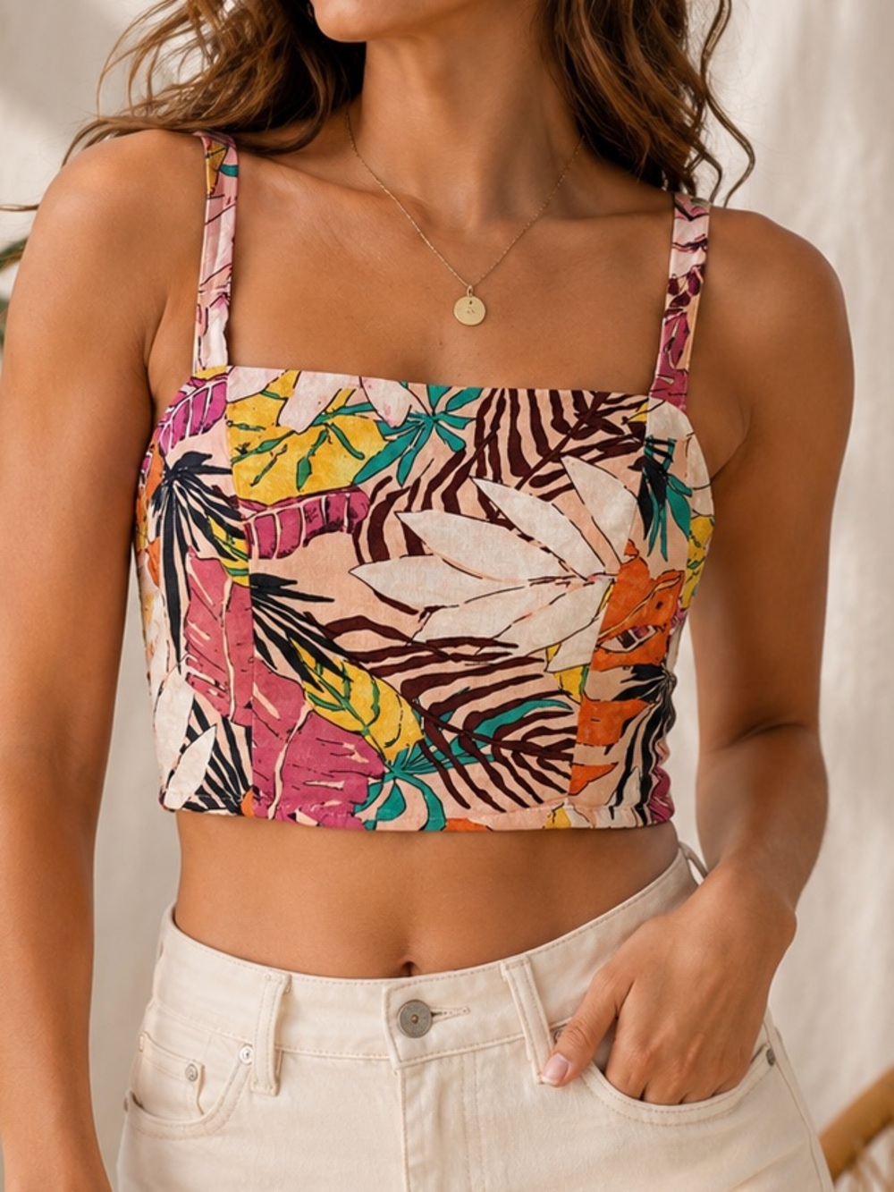 Forever 21 Tropical Leaf Print Crop Top Large Vacation Resort Beach Cami